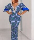 Elegant Blue African Print Dress with Lace