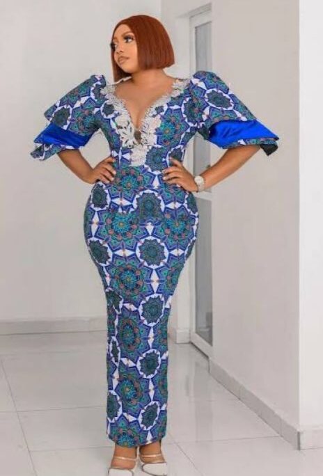 Elegant Blue African Print Dress with Lace