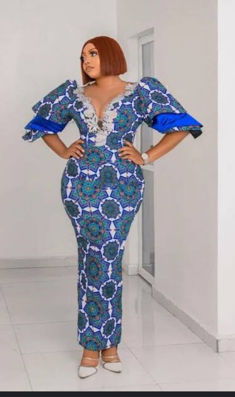 Elegant Blue African Print Dress with Lace